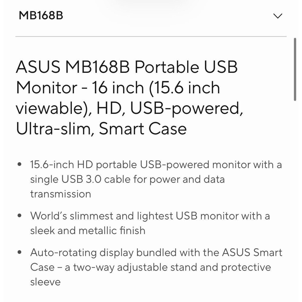 ASUS MB168B 15.6 Inch USB Portable Monitor Ultra-Slim + USB Cable & Case - Picture 10 of 10
